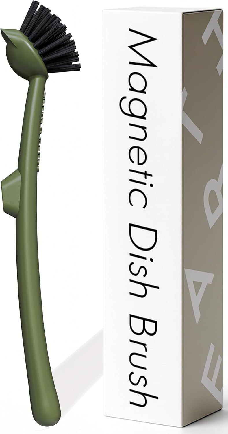 Earth & Mango Magnetic Dish Brush – Dish Scrubber with Built-in Scraper – Snaps to Sink, Dries Fast, Declutters Your Counter (Moss Green) - Image 1